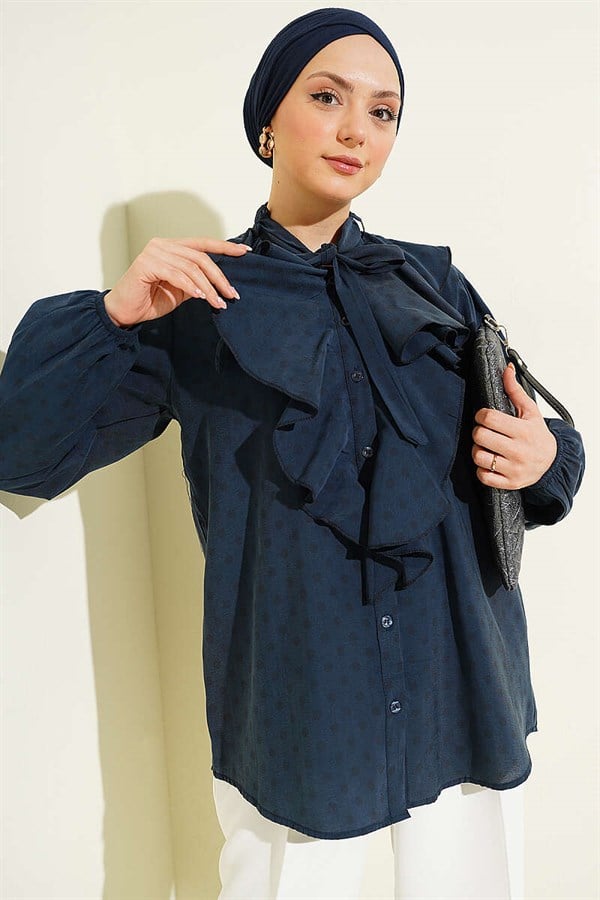 Polka Dot Shirt with Ruffled Collar and Drawstring, Dark Gray