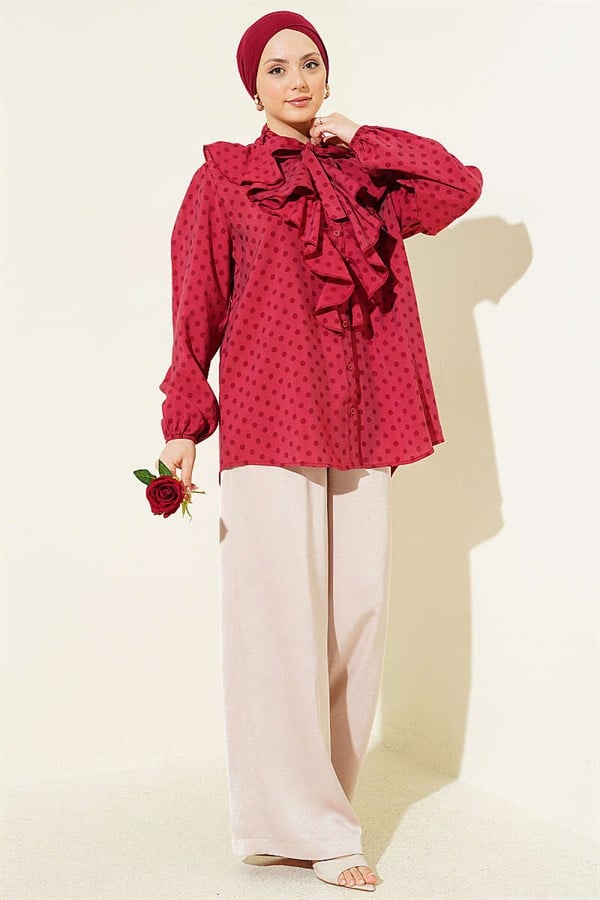 Burgundy Polka Dot Shirt with Ruffled Collar and Drawstring