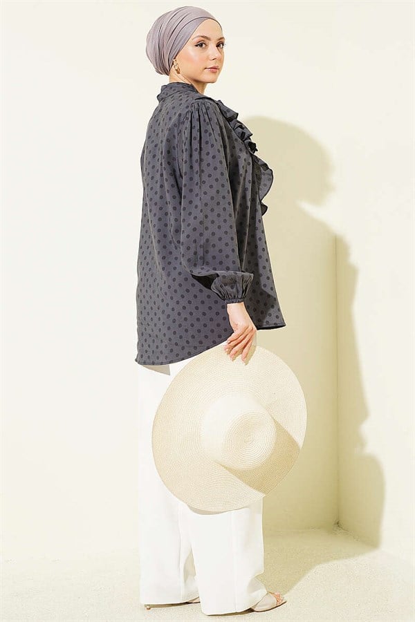 Polka Dot Shirt with Ruffled Collar and Drawstring, Slate Grey