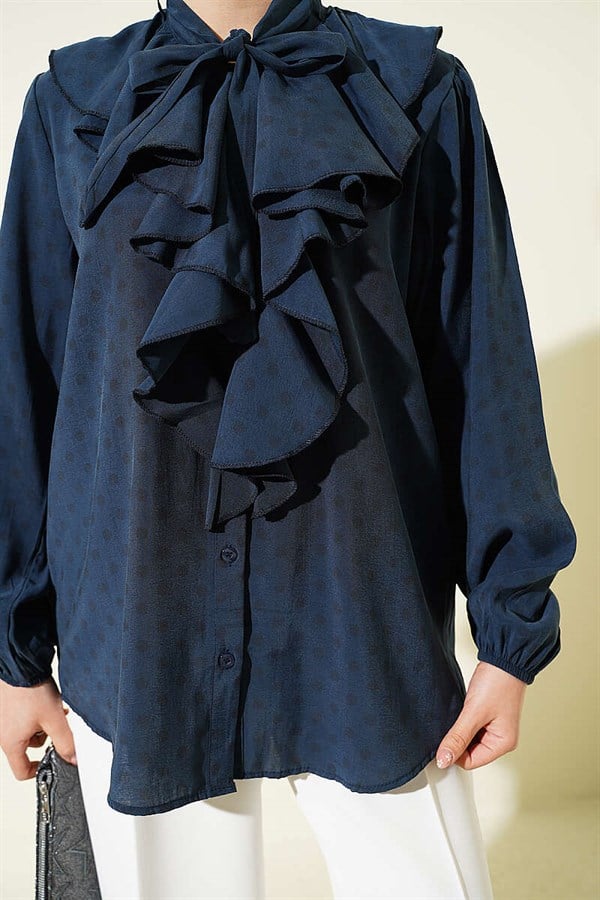 Polka Dot Shirt with Ruffled Collar and Drawstring, Dark Gray