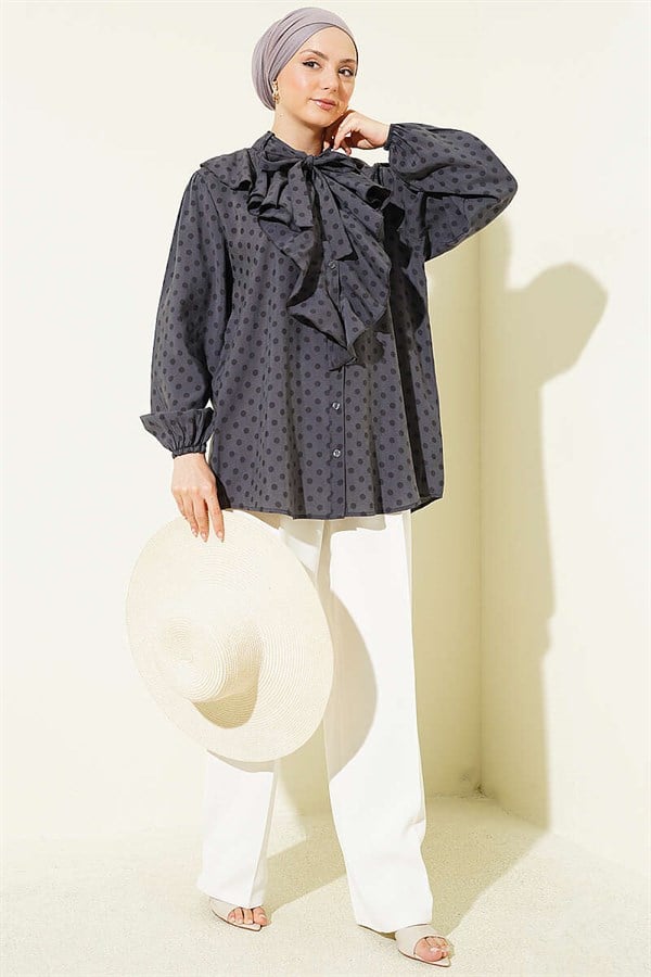 Polka Dot Shirt with Ruffled Collar and Drawstring, Slate Grey