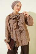 Polka Dot Shirt with Ruffled Collar and Drawstring, Mink Color