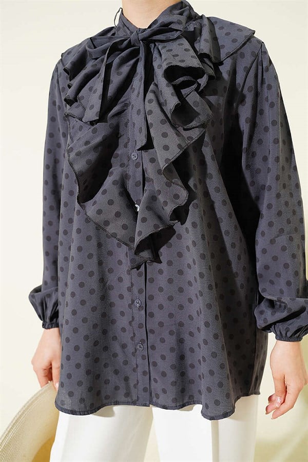 Polka Dot Shirt with Ruffled Collar and Drawstring, Slate Grey