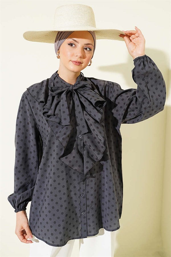 Polka Dot Shirt with Ruffled Collar and Drawstring, Slate Grey