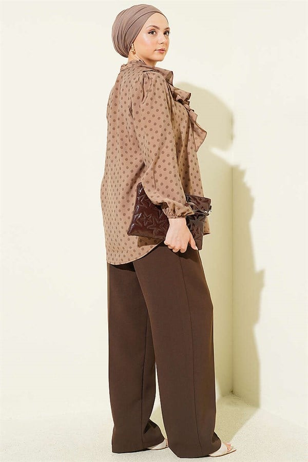 Polka Dot Shirt with Ruffled Collar and Drawstring, Mink Color