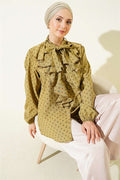 Polka Dot Shirt with Ruffled Collar and Drawstring, Olive Green