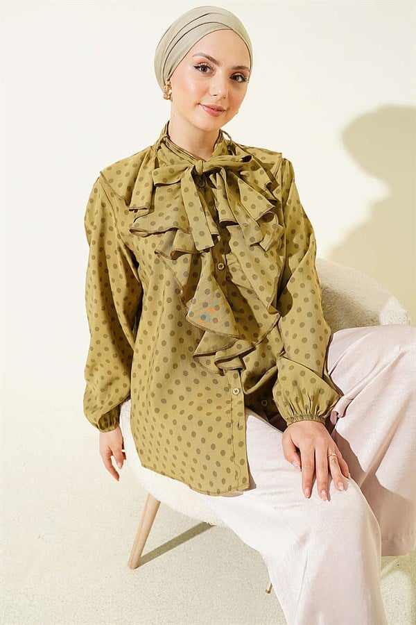 Polka Dot Shirt with Ruffled Collar and Drawstring, Olive Green