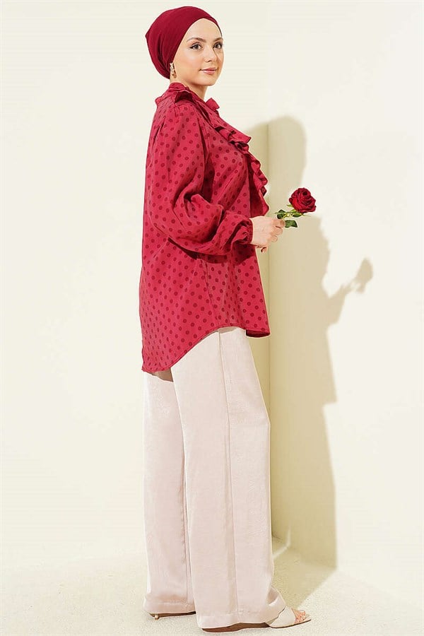 Burgundy Polka Dot Shirt with Ruffled Collar and Drawstring