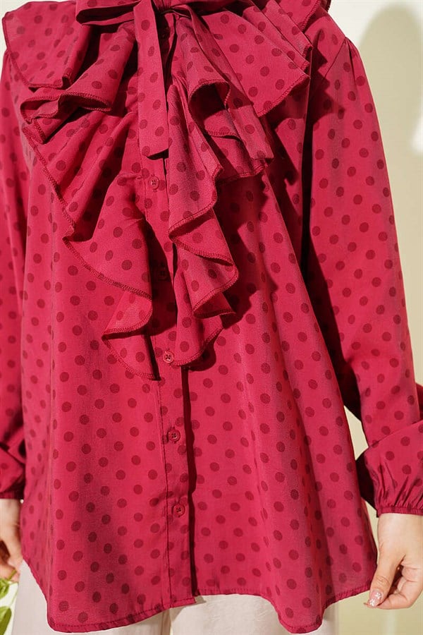 Burgundy Polka Dot Shirt with Ruffled Collar and Drawstring