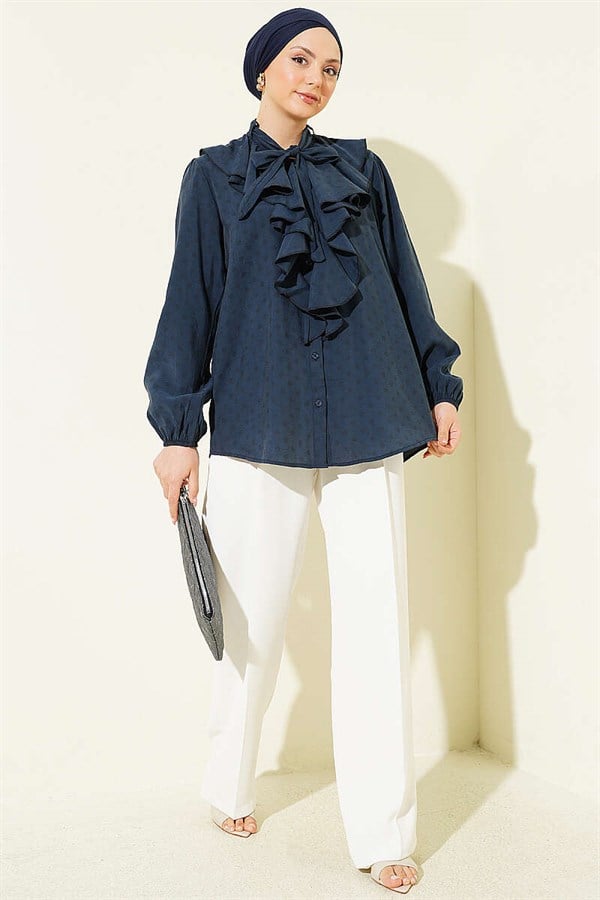 Polka Dot Shirt with Ruffled Collar and Drawstring, Dark Gray