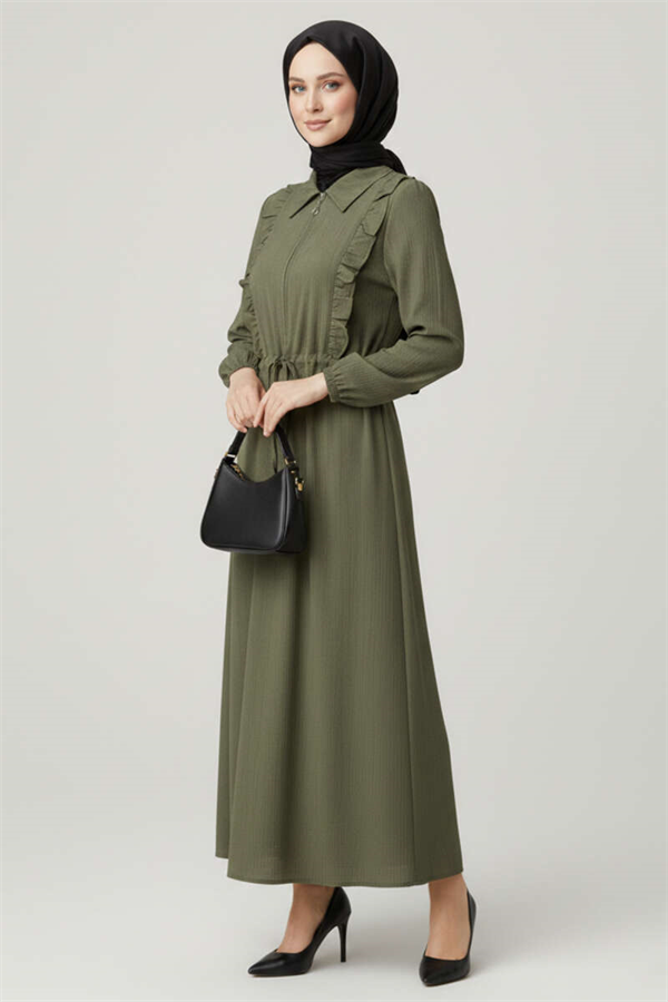 Khaki Dress with Ruffled Collar and Tunnel Waist