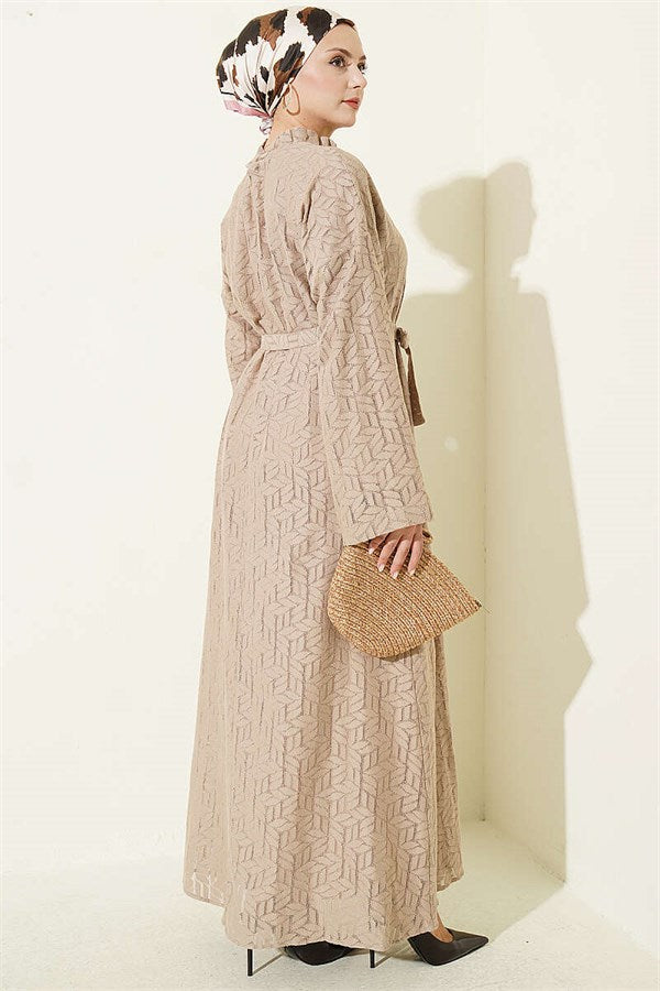Beige Lace Dress with Ruffled Collar