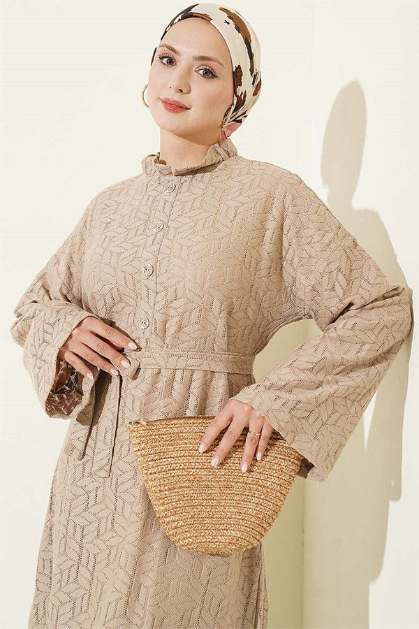 Beige Lace Dress with Ruffled Collar