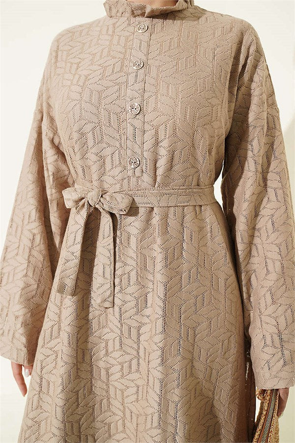 Beige Lace Dress with Ruffled Collar