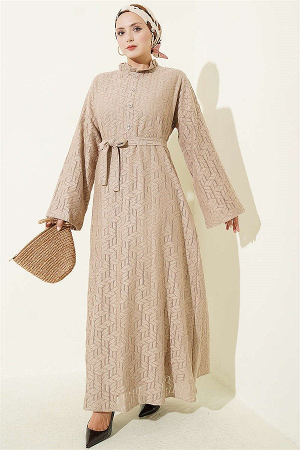 Beige Lace Dress with Ruffled Collar
