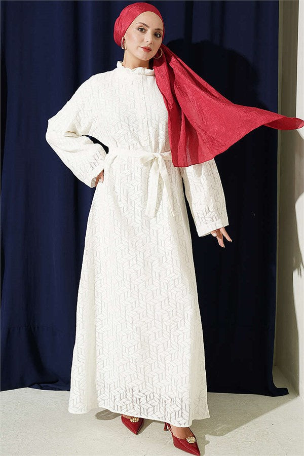 Lace Dress with Ruffled Collar, Ecru