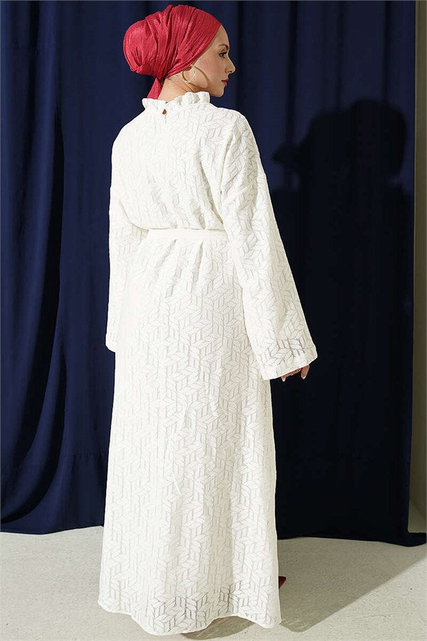 Lace Dress with Ruffled Collar, Ecru
