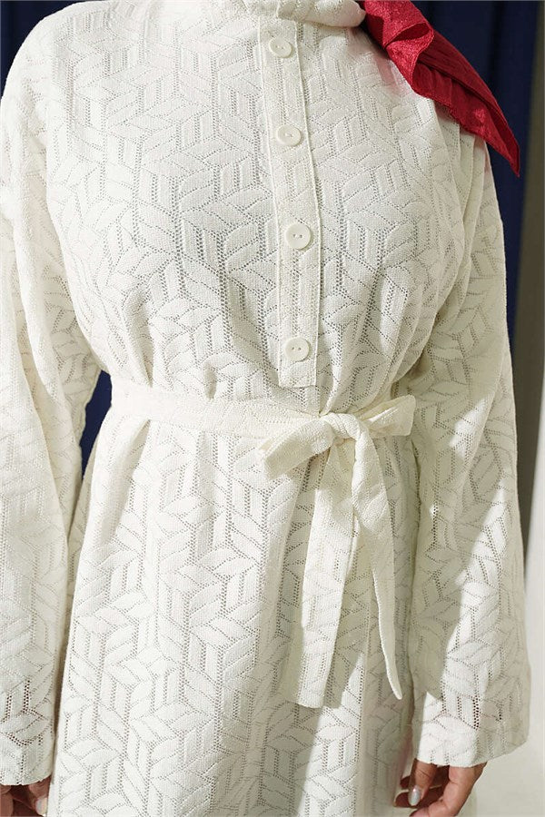 Lace Dress with Ruffled Collar, Ecru
