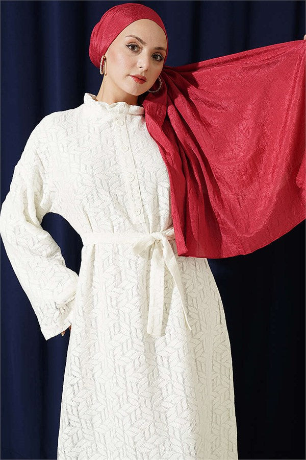 Lace Dress with Ruffled Collar, Ecru