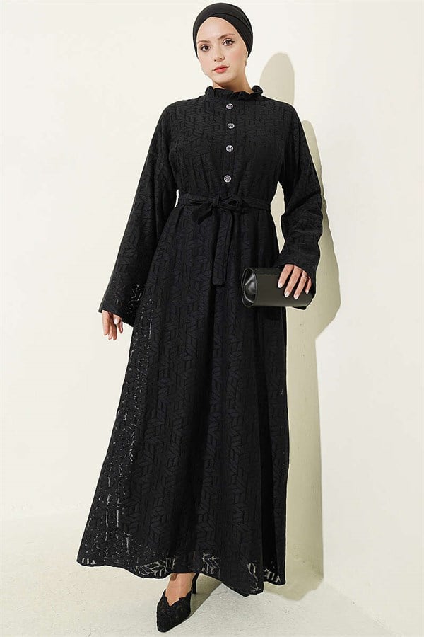 Black Lace Dress with Ruffled Collar