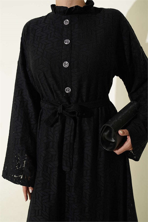 Black Lace Dress with Ruffled Collar