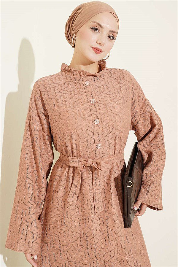 Tan Lace Dress with Ruffled Collar