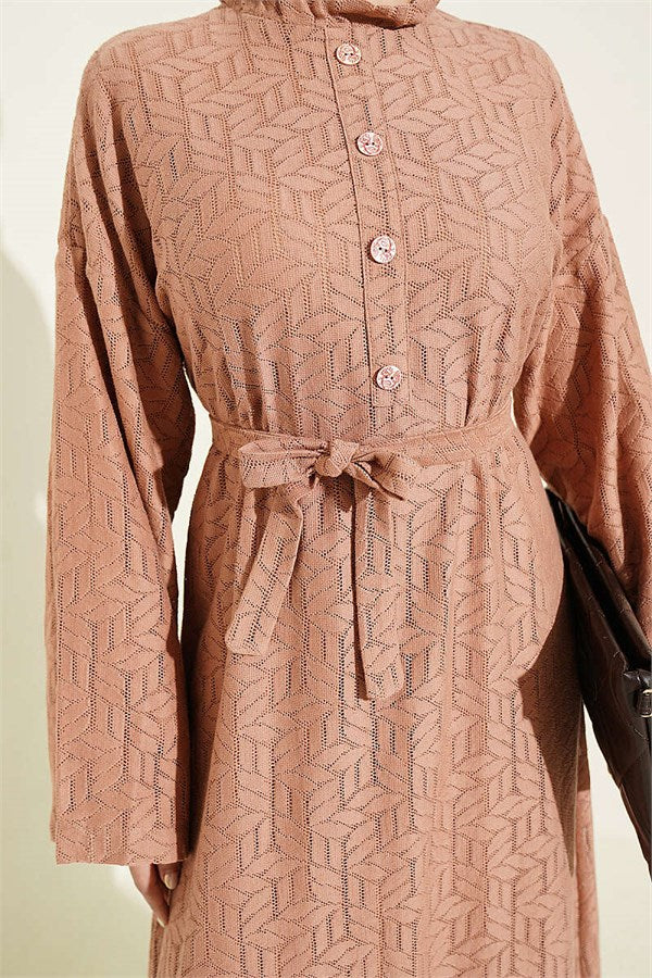 Tan Lace Dress with Ruffled Collar