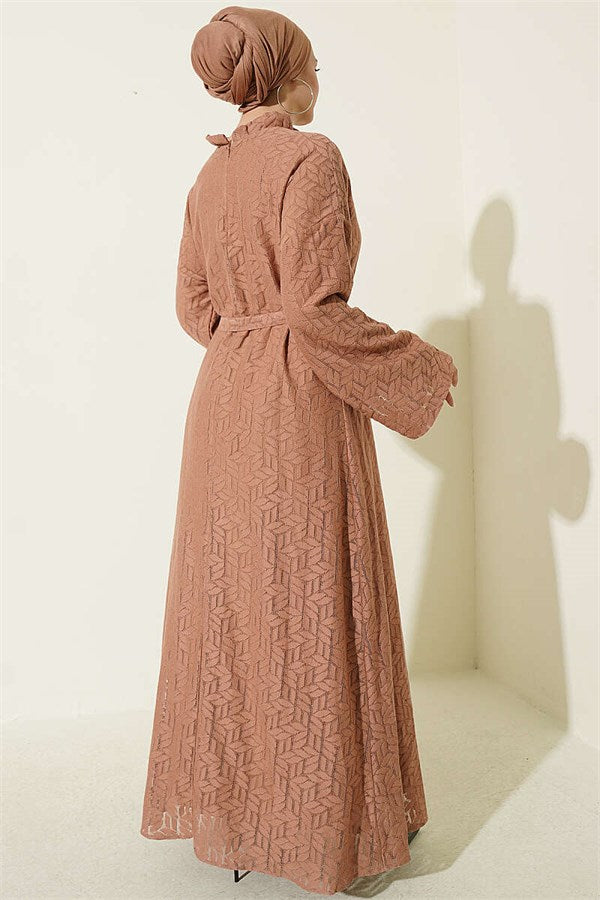 Tan Lace Dress with Ruffled Collar