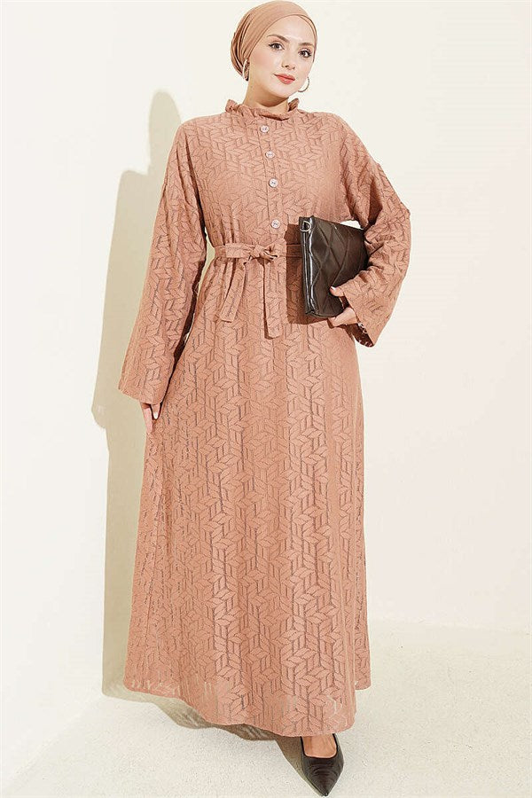 Tan Lace Dress with Ruffled Collar