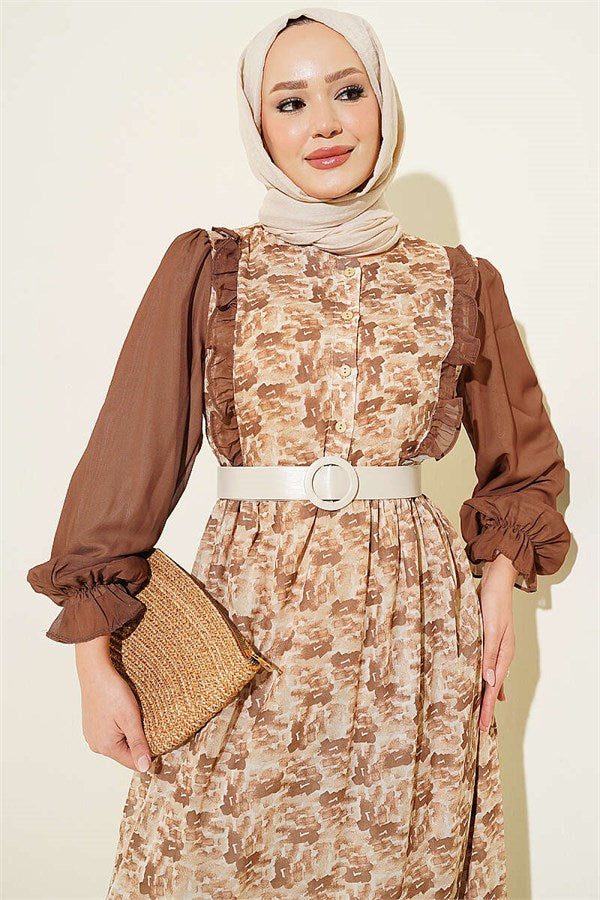 Brown Chiffon Dress with Ruffled Collar and Pattern