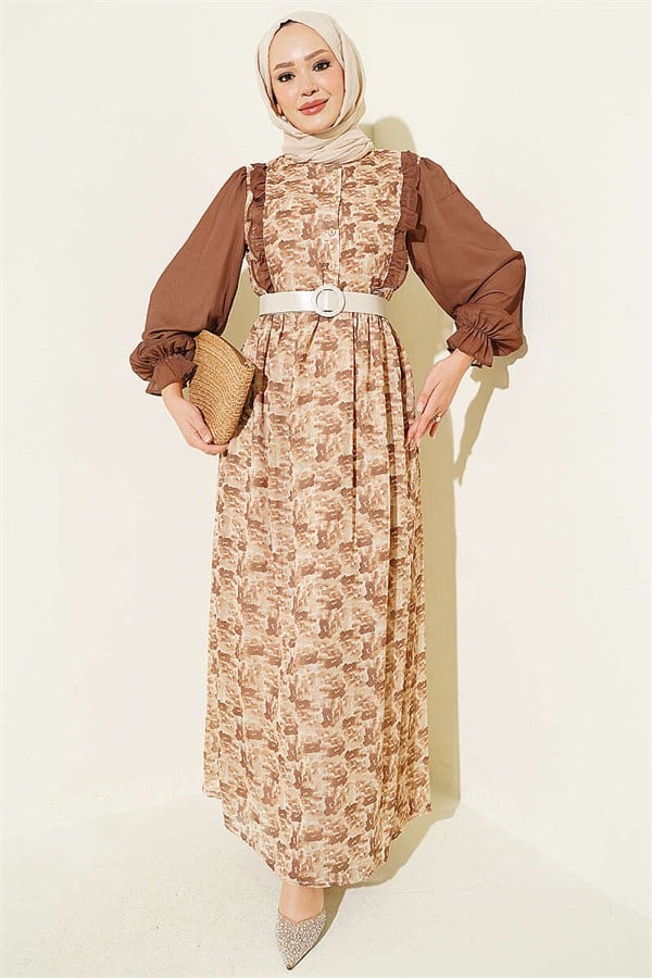 Brown Chiffon Dress with Ruffled Collar and Pattern