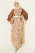 Brown Chiffon Dress with Ruffled Collar and Pattern