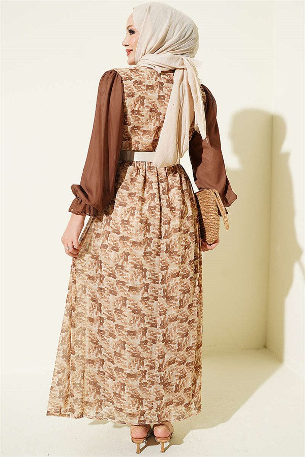 Brown Chiffon Dress with Ruffled Collar and Pattern