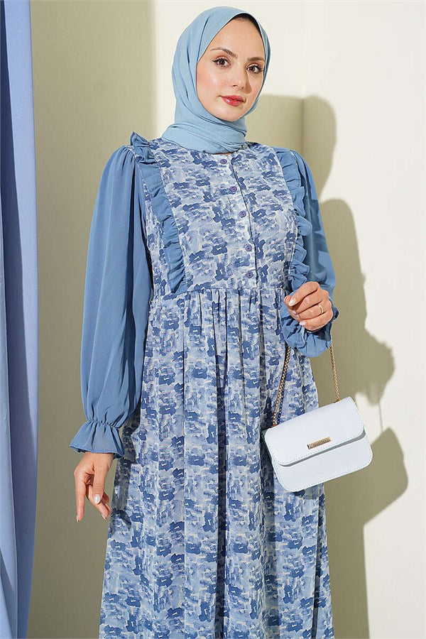 Blue Chiffon Dress with Ruffled Collar and Pattern