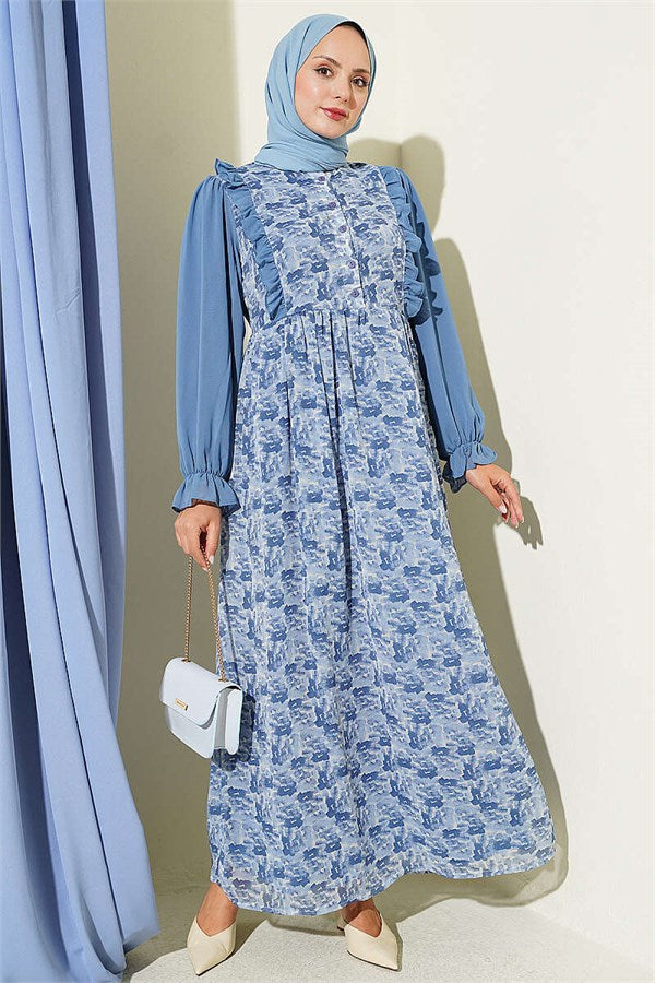 Blue Chiffon Dress with Ruffled Collar and Pattern