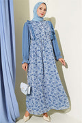 Blue Chiffon Dress with Ruffled Collar and Pattern