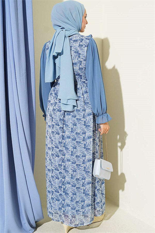 Blue Chiffon Dress with Ruffled Collar and Pattern