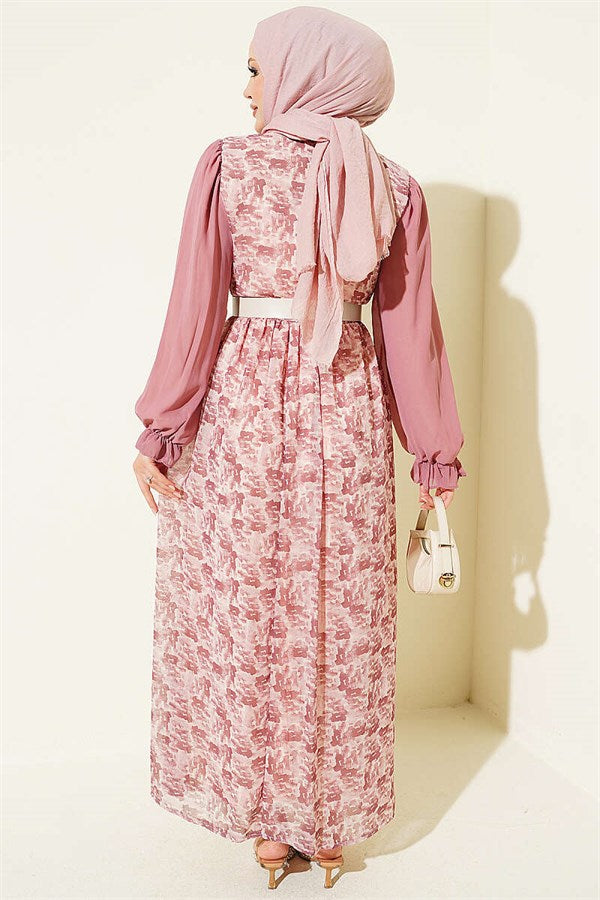 Powder Pink Chiffon Dress with Ruffled Collar and Pattern