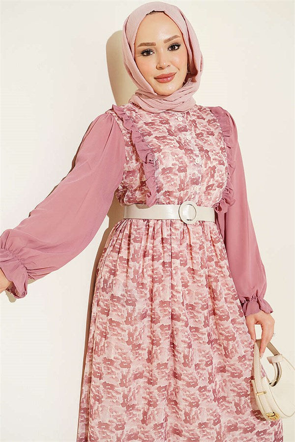 Powder Pink Chiffon Dress with Ruffled Collar and Pattern