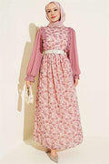 Powder Pink Chiffon Dress with Ruffled Collar and Pattern