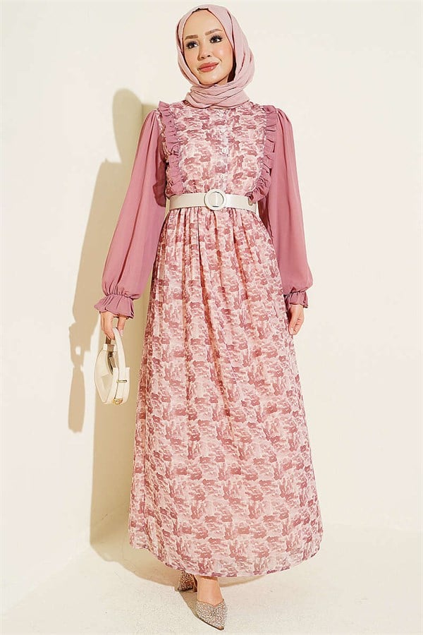 Powder Pink Chiffon Dress with Ruffled Collar and Pattern