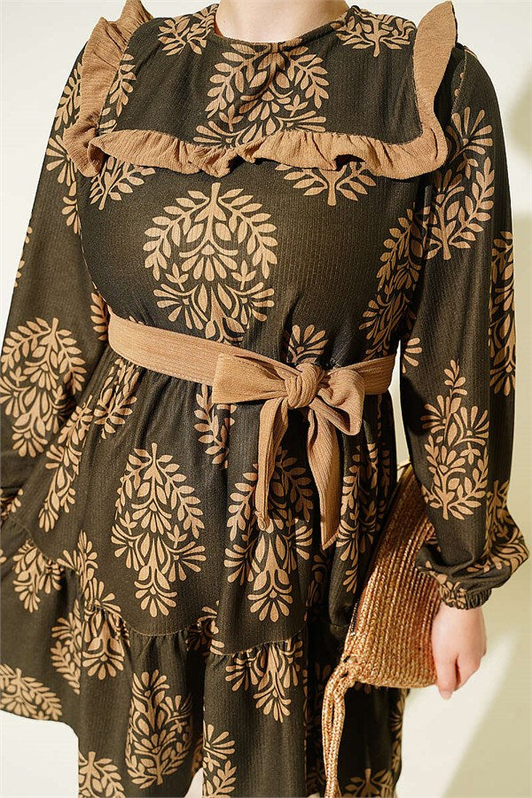 Patterned Tunic with Ruffled Collar, Khaki