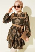 Patterned Tunic with Ruffled Collar, Khaki