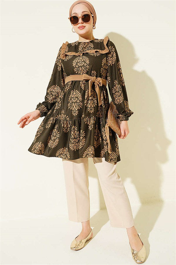 Patterned Tunic with Ruffled Collar, Khaki