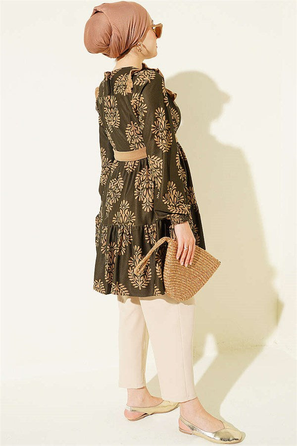 Patterned Tunic with Ruffled Collar, Khaki