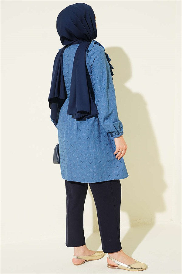 Blue Tunic with Ruffled Collar and Pattern