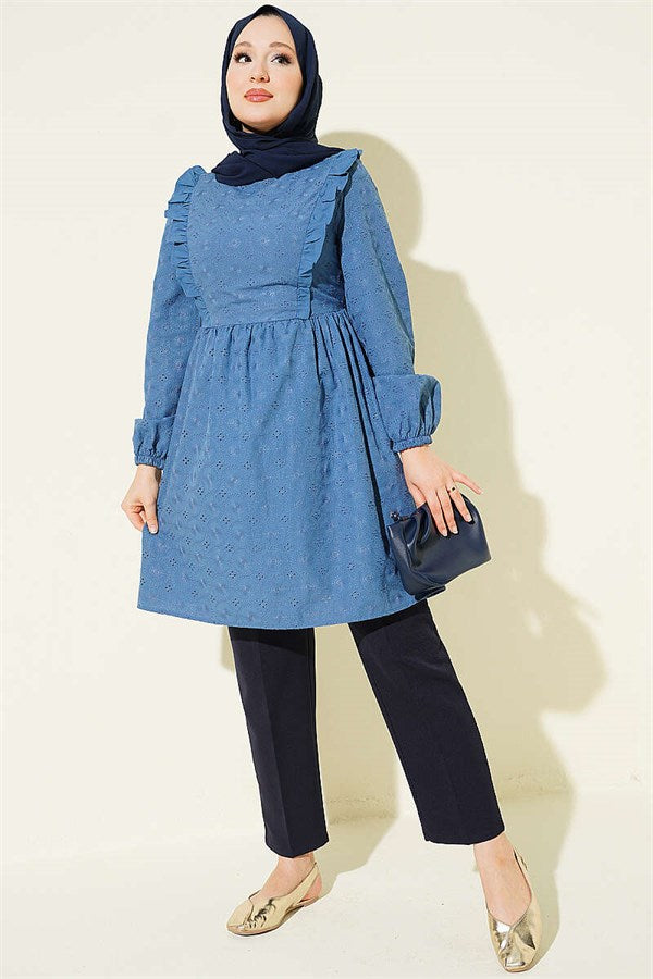 Blue Tunic with Ruffled Collar and Pattern