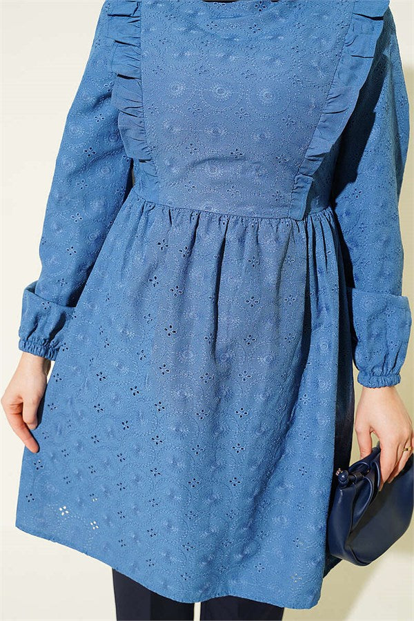 Blue Tunic with Ruffled Collar and Pattern
