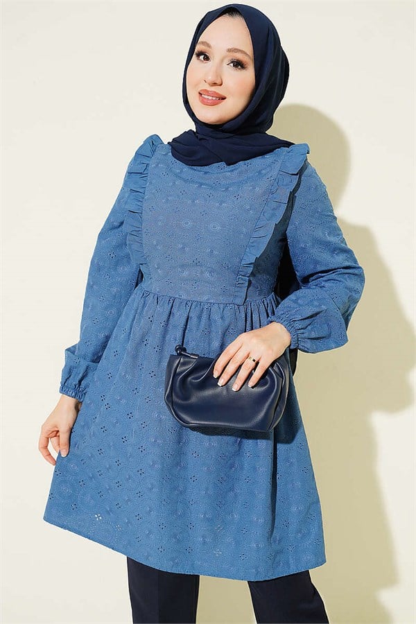Blue Tunic with Ruffled Collar and Pattern