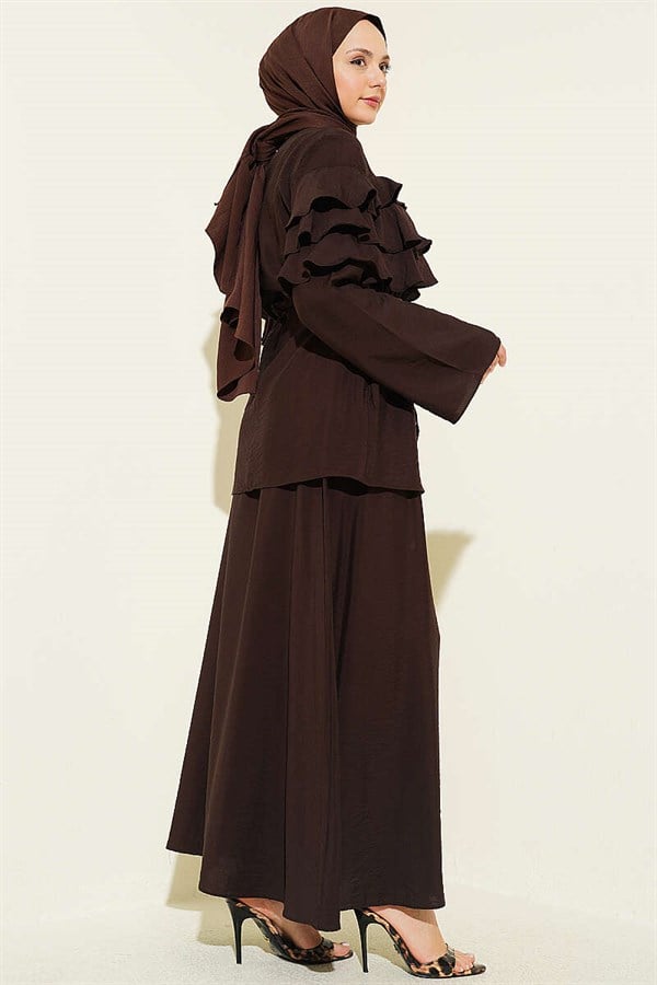 2 Piece Set with Ruffled Collar and Skirt, Dark Brown